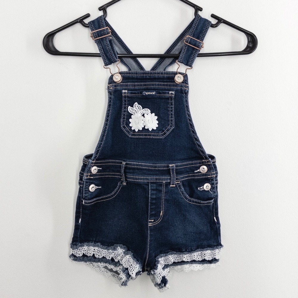 Jordache Girls 5T Denim Shortalls Dark Wash Floral Lace Trim Stretch Overalls